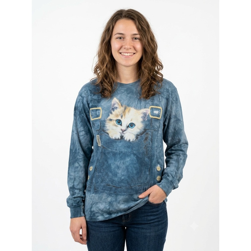 VTG The Mountain Tee Womens M Blue Tie-Dye Cat Pocket Print Long Sleeve Shirt